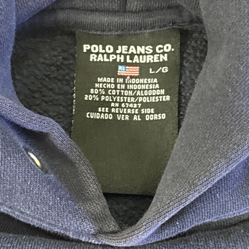 Polo Jeans Co Ralph Lauren Navy Blue Hoodie Large Yellow Stripe Pullover - Picture 3 of 6